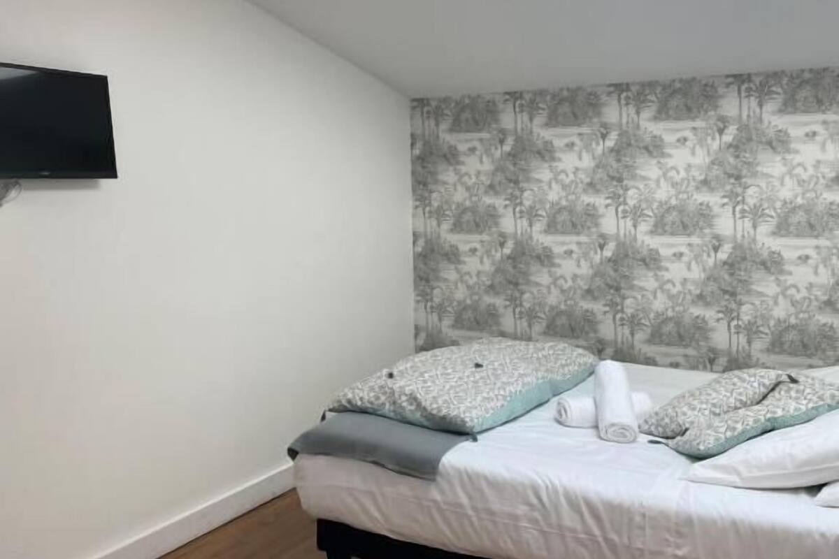 Un dormitorio con cama, televisión de pantalla plana, tragaluz y un papel tapiz estampado.