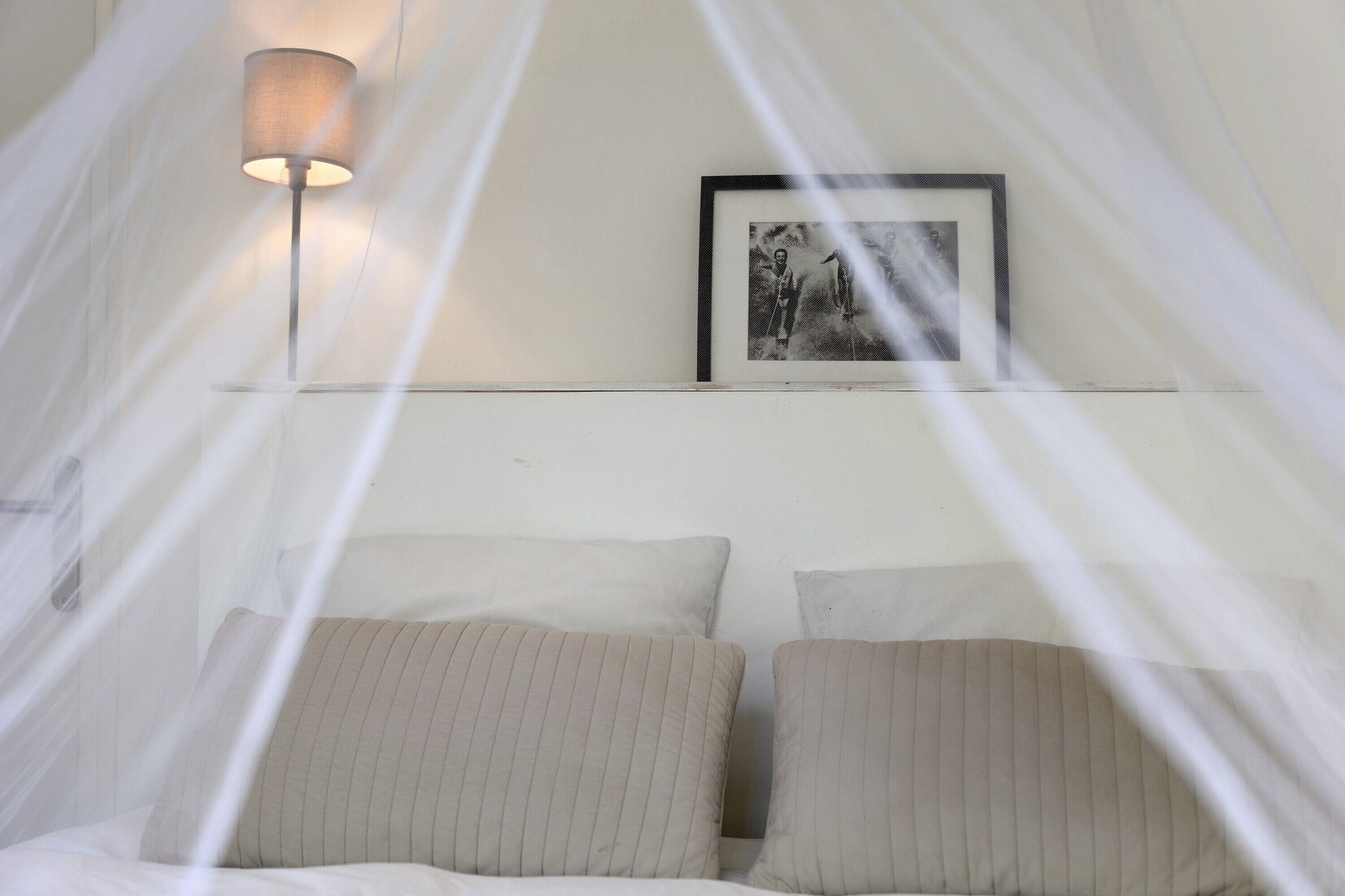 Ein Bett mit zwei Kissen, einer Nachttischlampe und einem gerahmten Bild an der Wand.