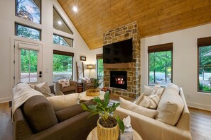 Smart TV, chimenea, libros, biblioteca de música