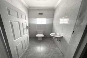 Shower, towels, soap, toilet paper