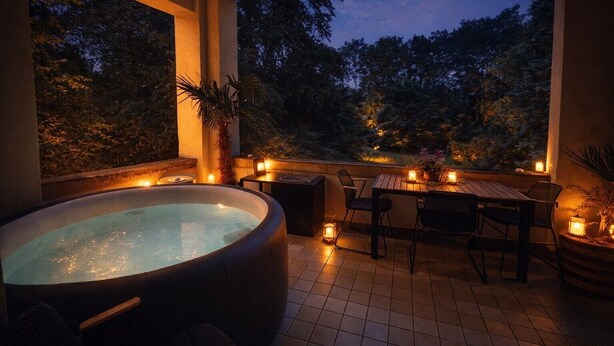 Un bain à remous, une table en bois, des chaises et des bougies dans un espace extérieur abrité, avec vue sur les arbres.