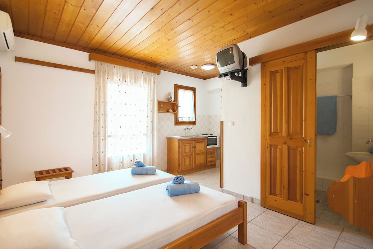 A room with two beds, a television, a wooden ceiling, a bathroom with a sink, and a wooden door.