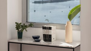 Vista a través de una ventana con una planta en maceta, un florero y libros en una estantería.