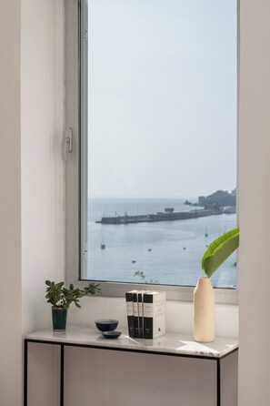 Blick durch ein Fenster mit einem Blumentopf, einer Vase und Büchern auf einem Regal.