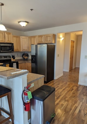 A kitchen with wooden cabinets, a stainless steel refrigerator, a microwave, and a fire extinguisher. - Ada O'Day condo #1 in the Heart of Bayfield. Ground-floor entry and parking. (Bayfield)