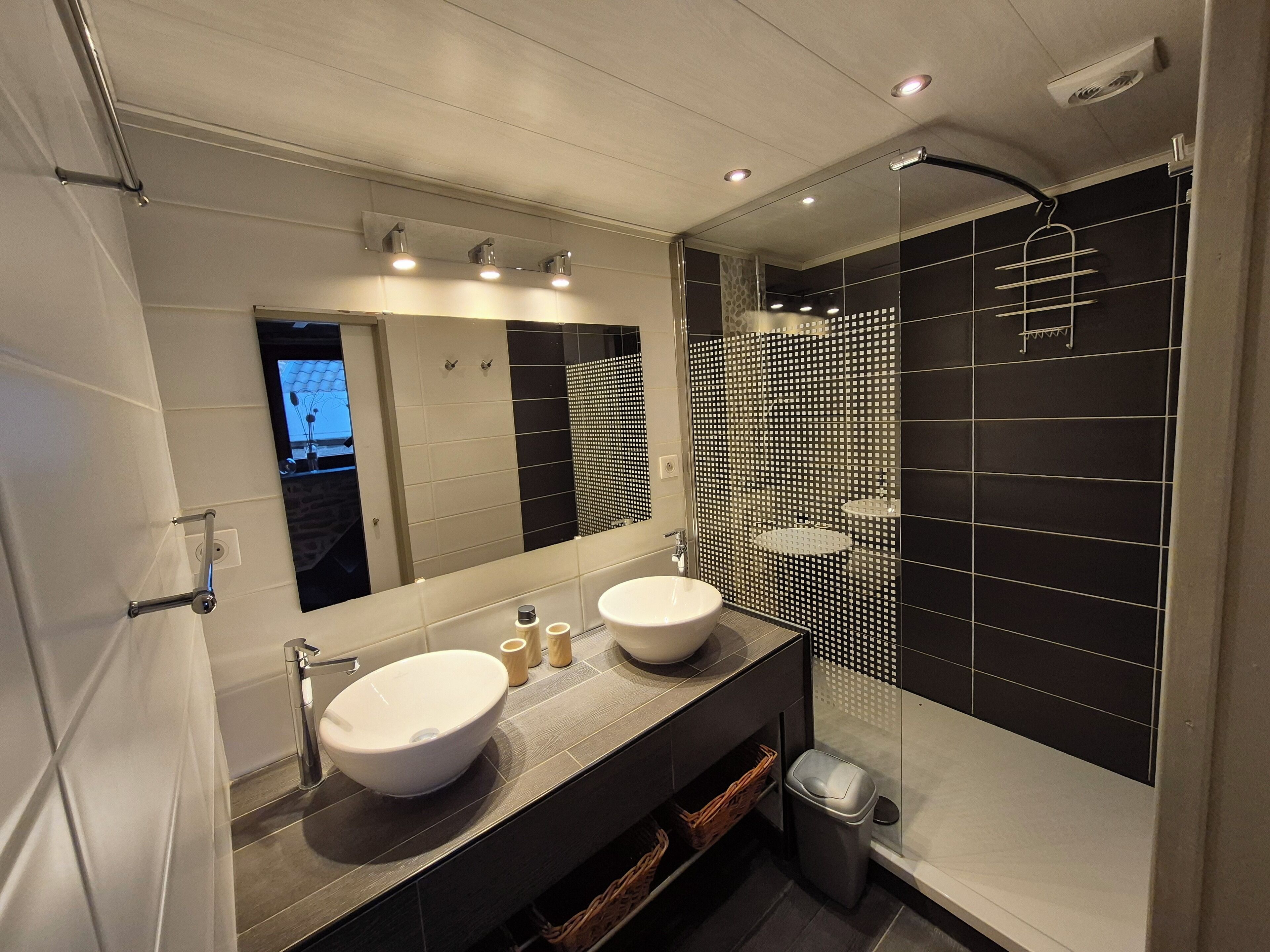 Shower, hair dryer, soap, toilet paper