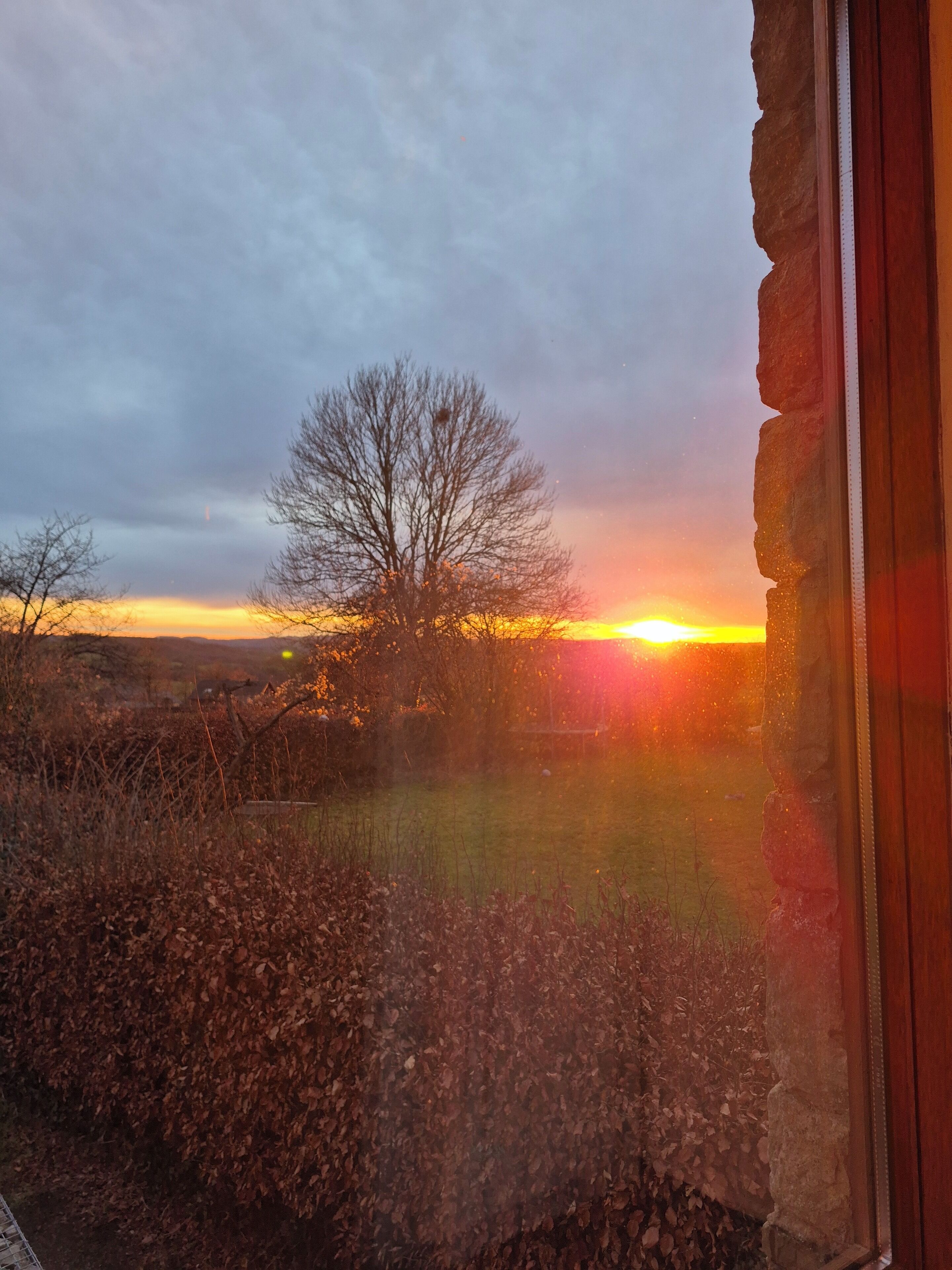 Solnedgang ses gennem et vindue med en stenvæg, et træ og en græsplæne.