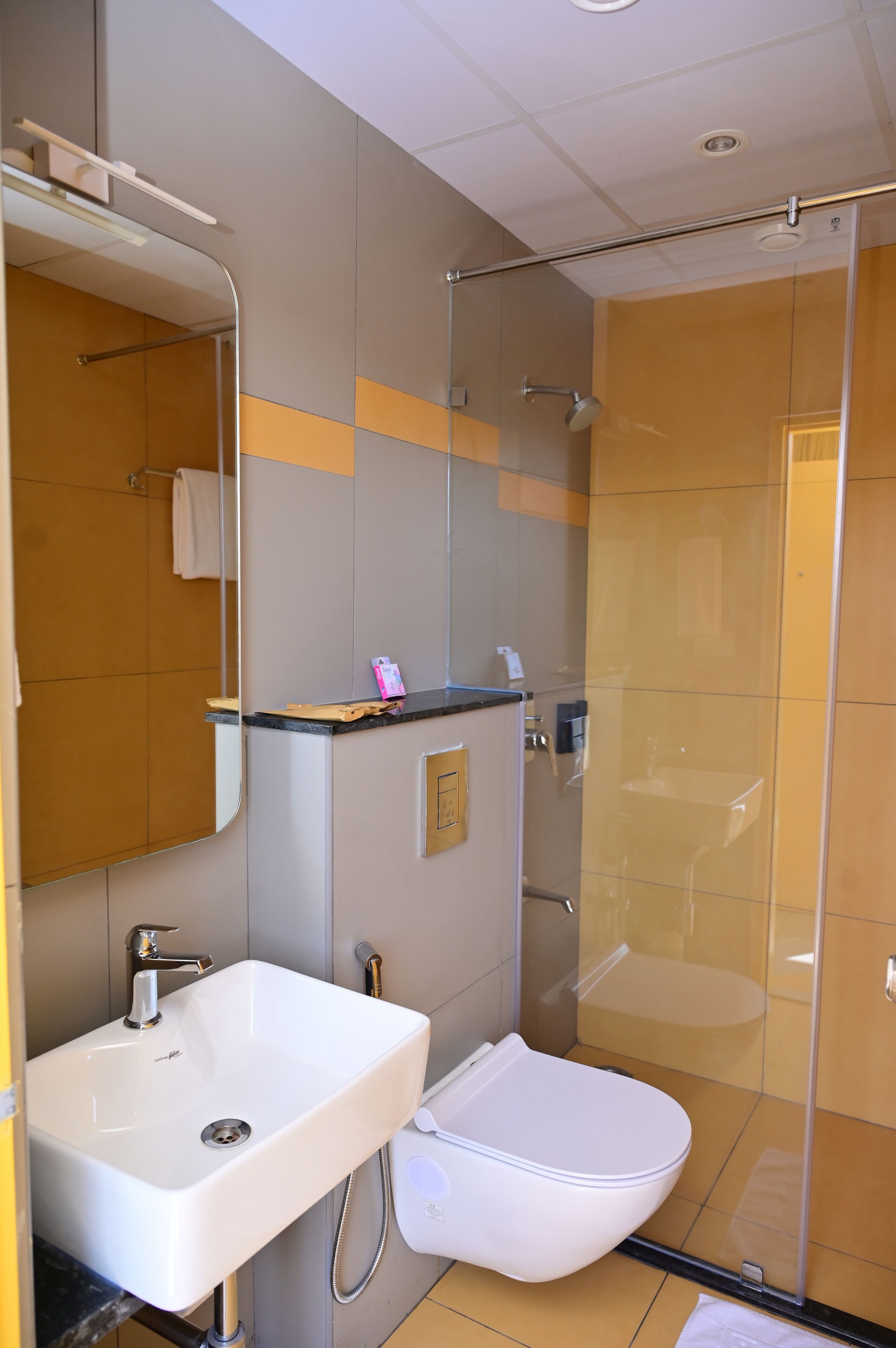 Shower, free toiletries, towels, soap