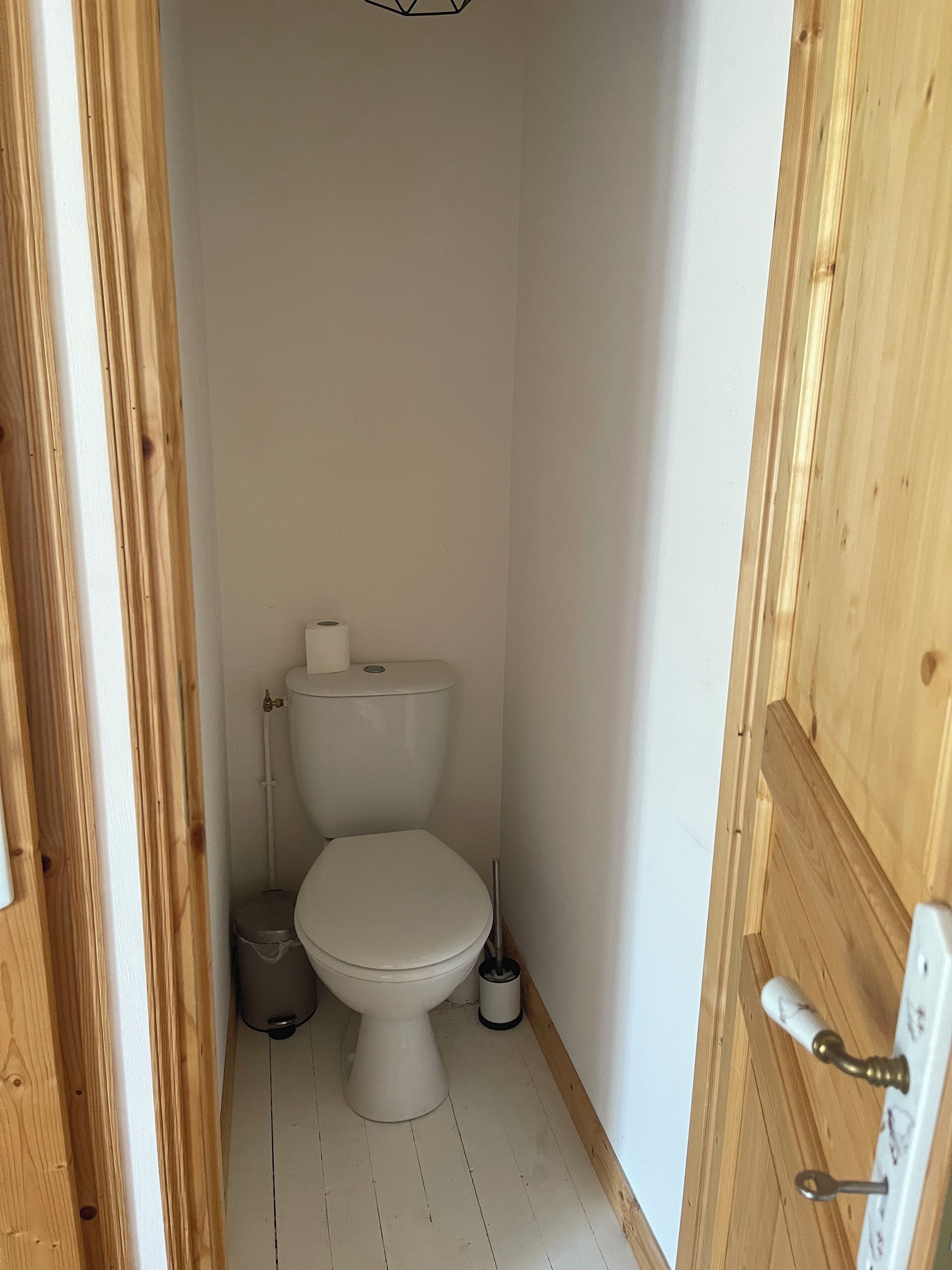 Une petite salle de bain étroite, avec des toilettes blanches, une poubelle et une brosse à toilettes.