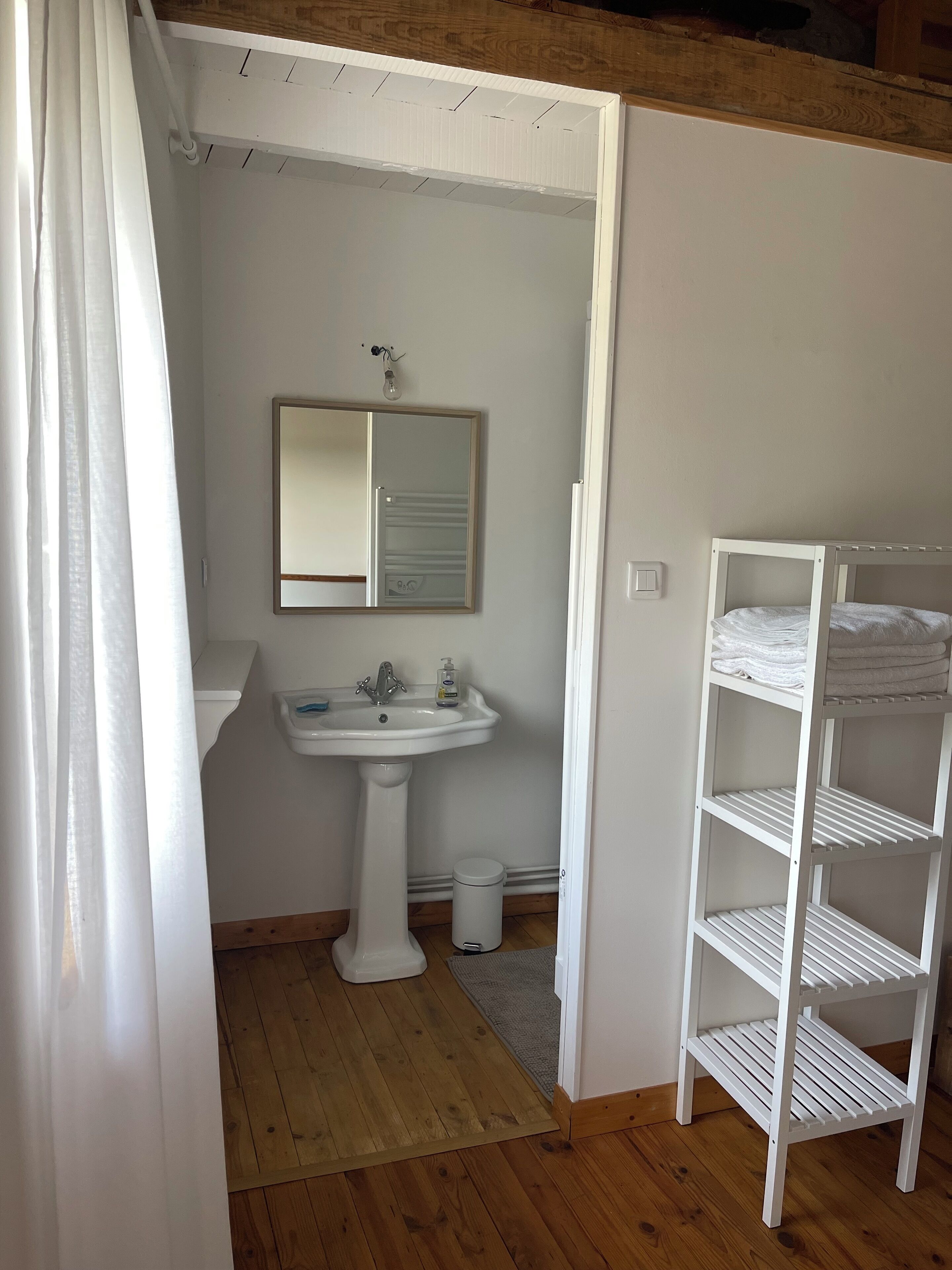 Une salle de bain avec un lavabo sur colonne, un miroir, une petite poubelle et une étagère blanche.