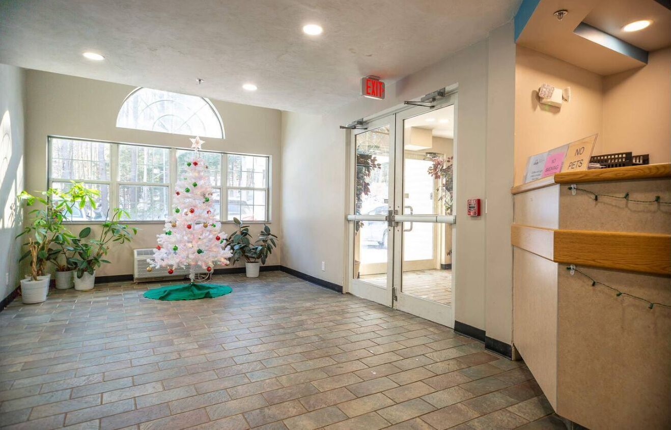 A reception area with a Christmas tree, potted plants, and a sign prohibiting pets.