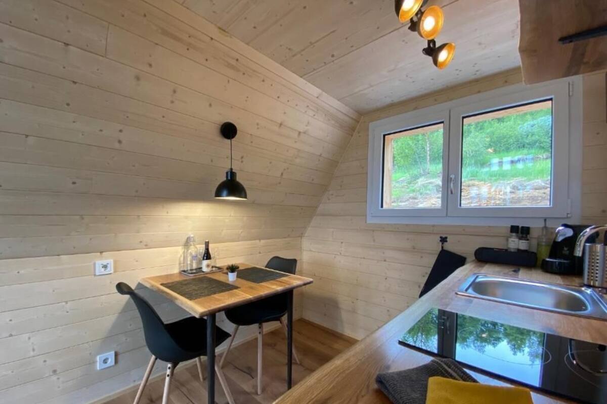 Une cuisine compacte aux murs en bois, avec une table à manger, deux chaises, un luminaire suspendu, une fenêtre donnant sur un paysage verdoyant et un évier moderne.