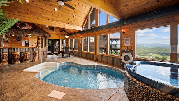 Un intérieur en bois avec une piscine, un jacuzzi et un espace bar.