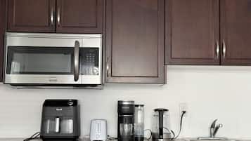 Fridge, microwave, coffee/tea maker, electric kettle