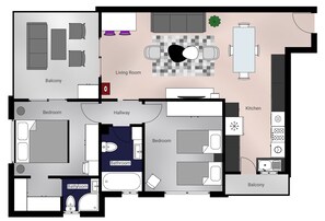 Căn hộ, 2 phòng ngủ, ban công, quang cảnh thành phố | Sơ đồ bố cục