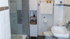 Ein modernes Badezimmer mit Duschkabine, Toilette und Waschbecken.