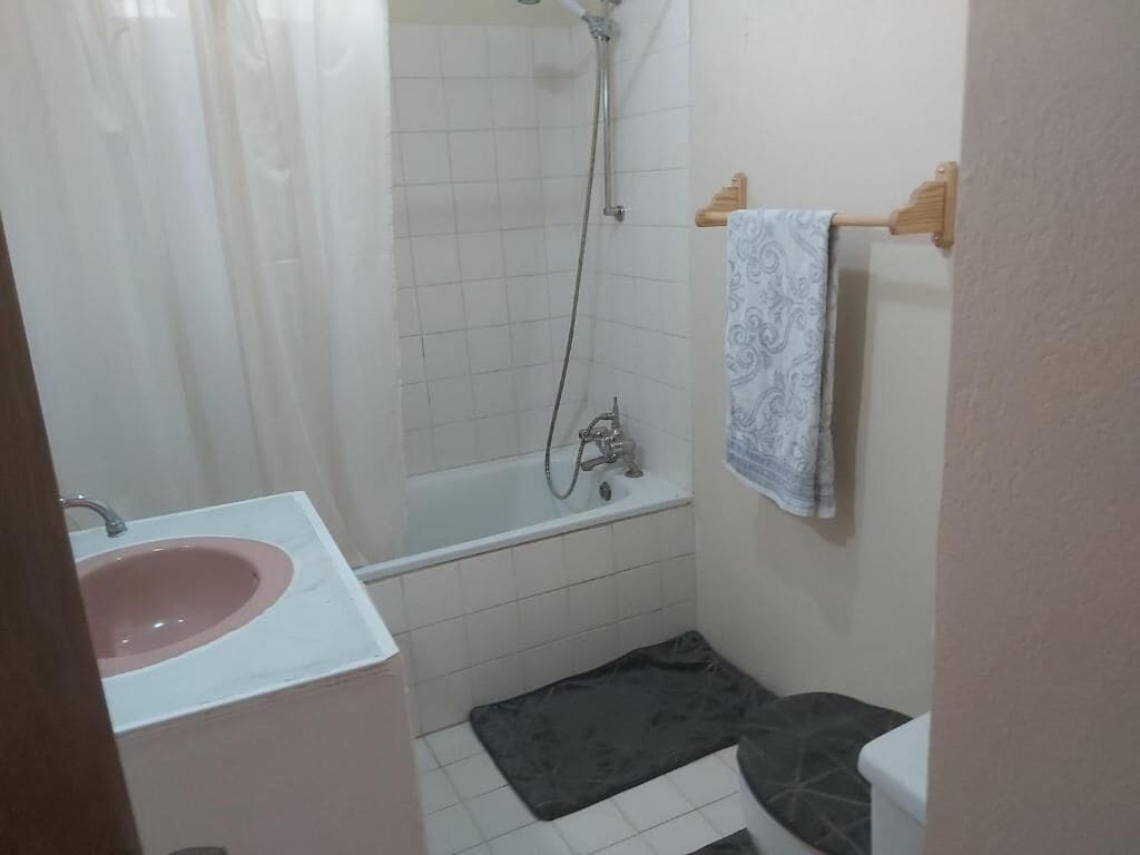 Combined shower/bathtub, towels, soap, toilet paper