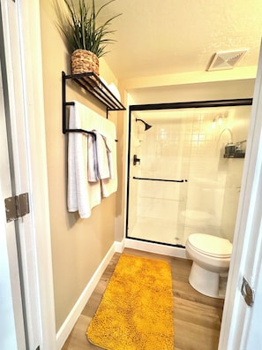 Shower, hair dryer, towels, soap