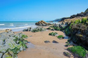 A beach with rocky outcrops and seaweed-covered rocks. - Y Bwncer, Tresaith - One Bedroom Cottage, Sleeps 2 (Tresaith)
