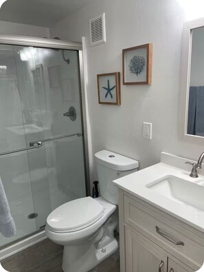 Regadera, secadora de cabello, toallas, jabón