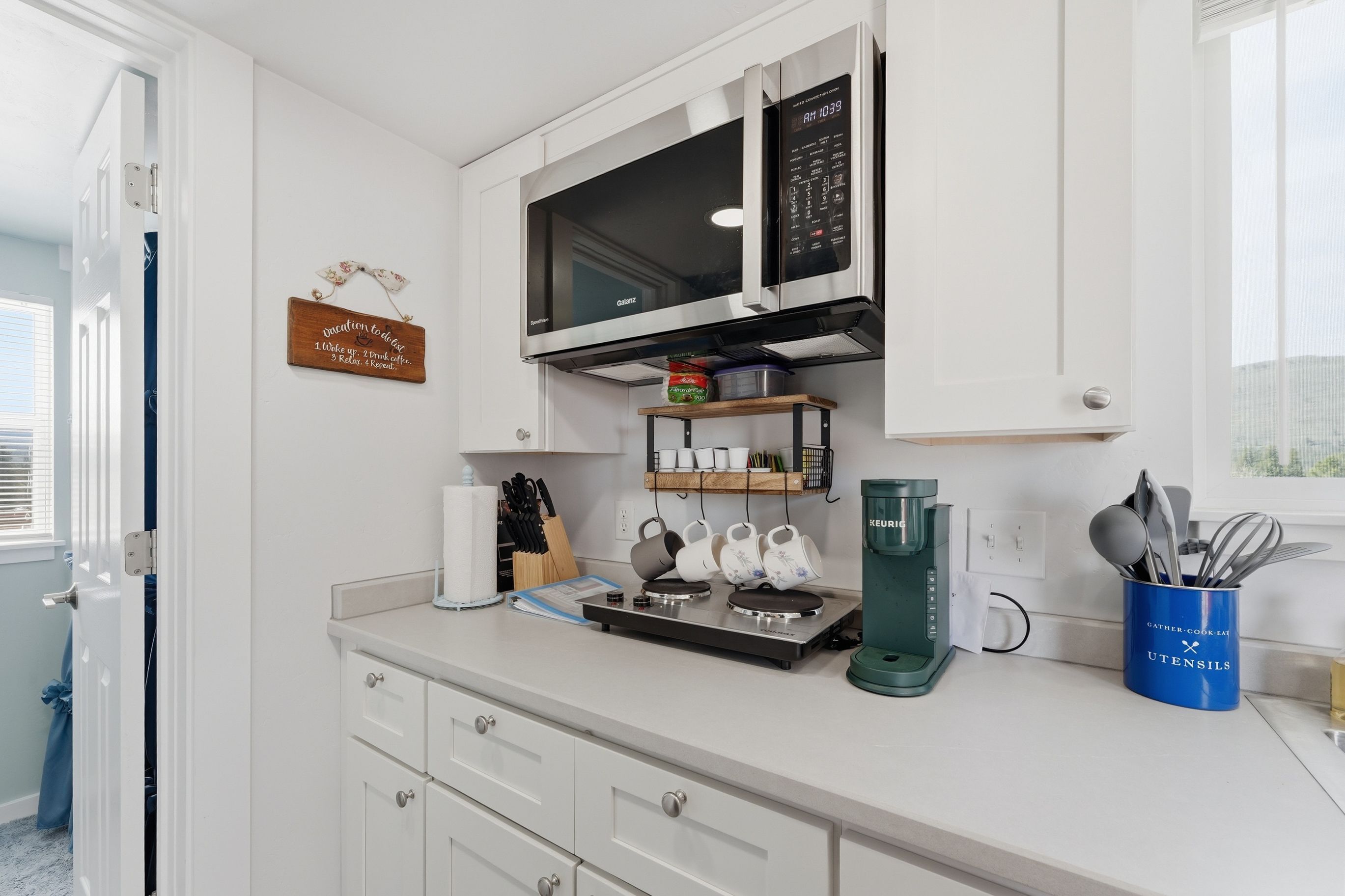Fridge, microwave, coffee/tea maker, electric kettle