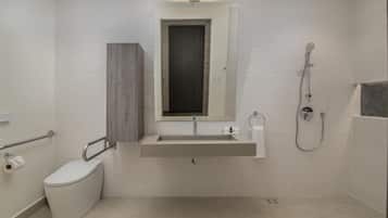 Un bagno con il water, un lavandino, uno specchio e una doccia.