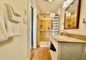 Hair dryer, towels, soap, shampoo - Boothbay Harbor King Suite  - Room 10 at AQ Inn - Harbor View! (Boothbay Harbor)