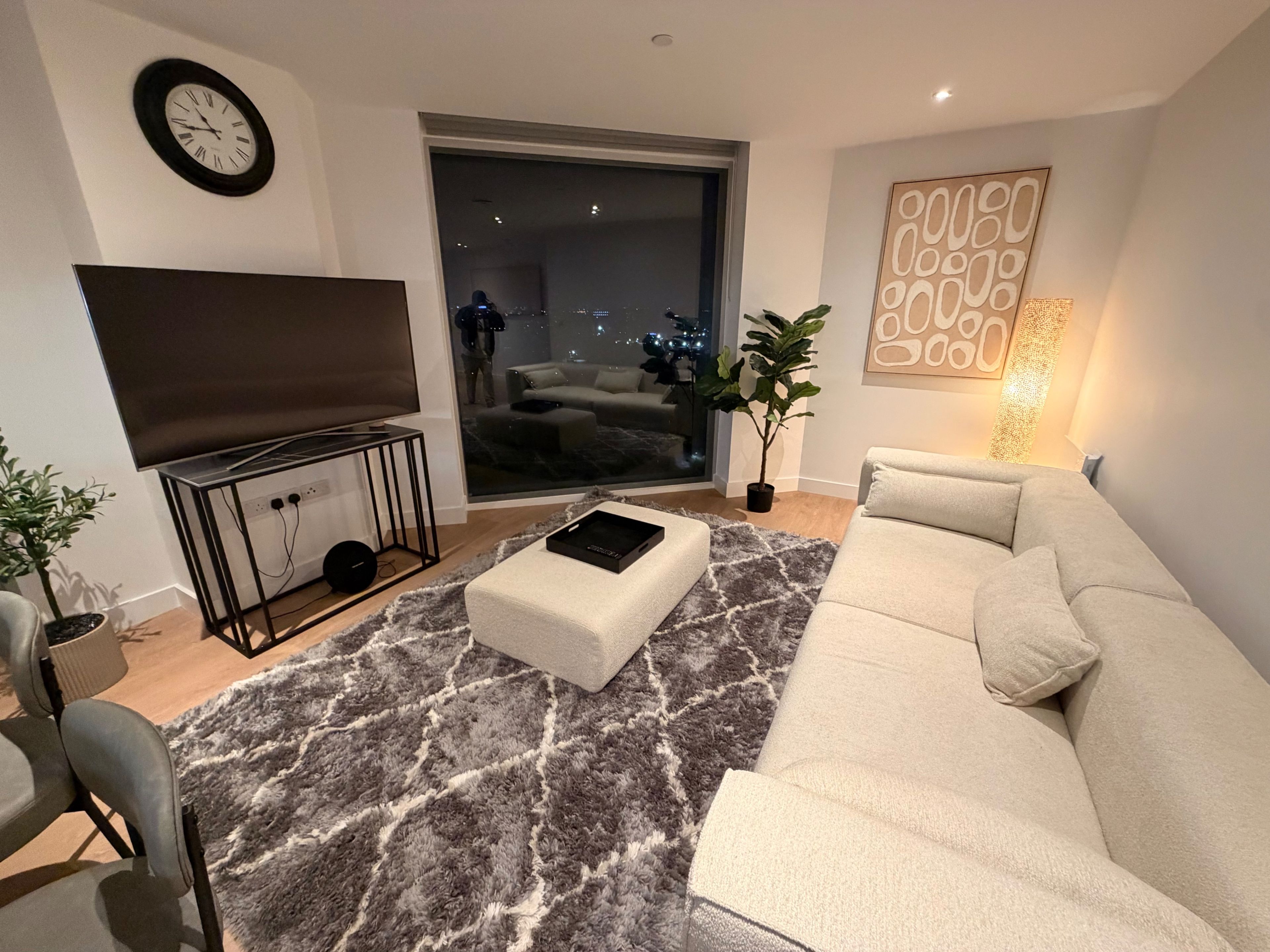 A modern living room with a flat-screen TV, a grey patterned rug, a white sofa, and a potted plant.