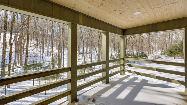 Une terrasse en bois couverte, offrant une vue sur une forêt enneigée.