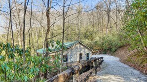 A cabin with a green roof, surrounded by dense forest and a gravel path. - Hot Tub & Streamside Bliss! Topton Mtn Haven (Topton)