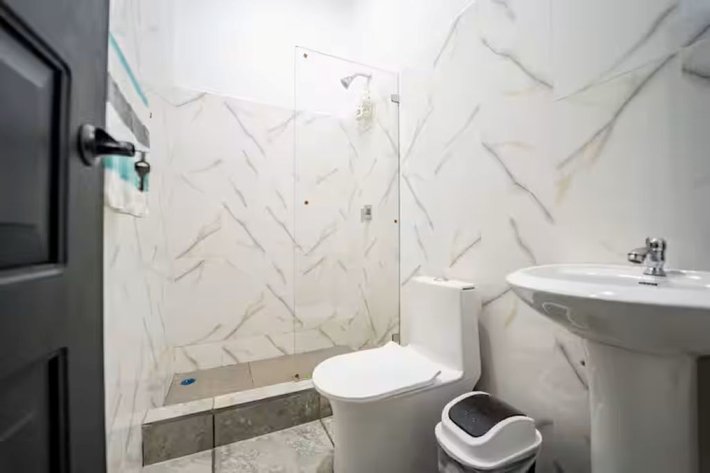 Shower, towels, soap, toilet paper