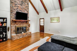Televisión, chimenea y libros