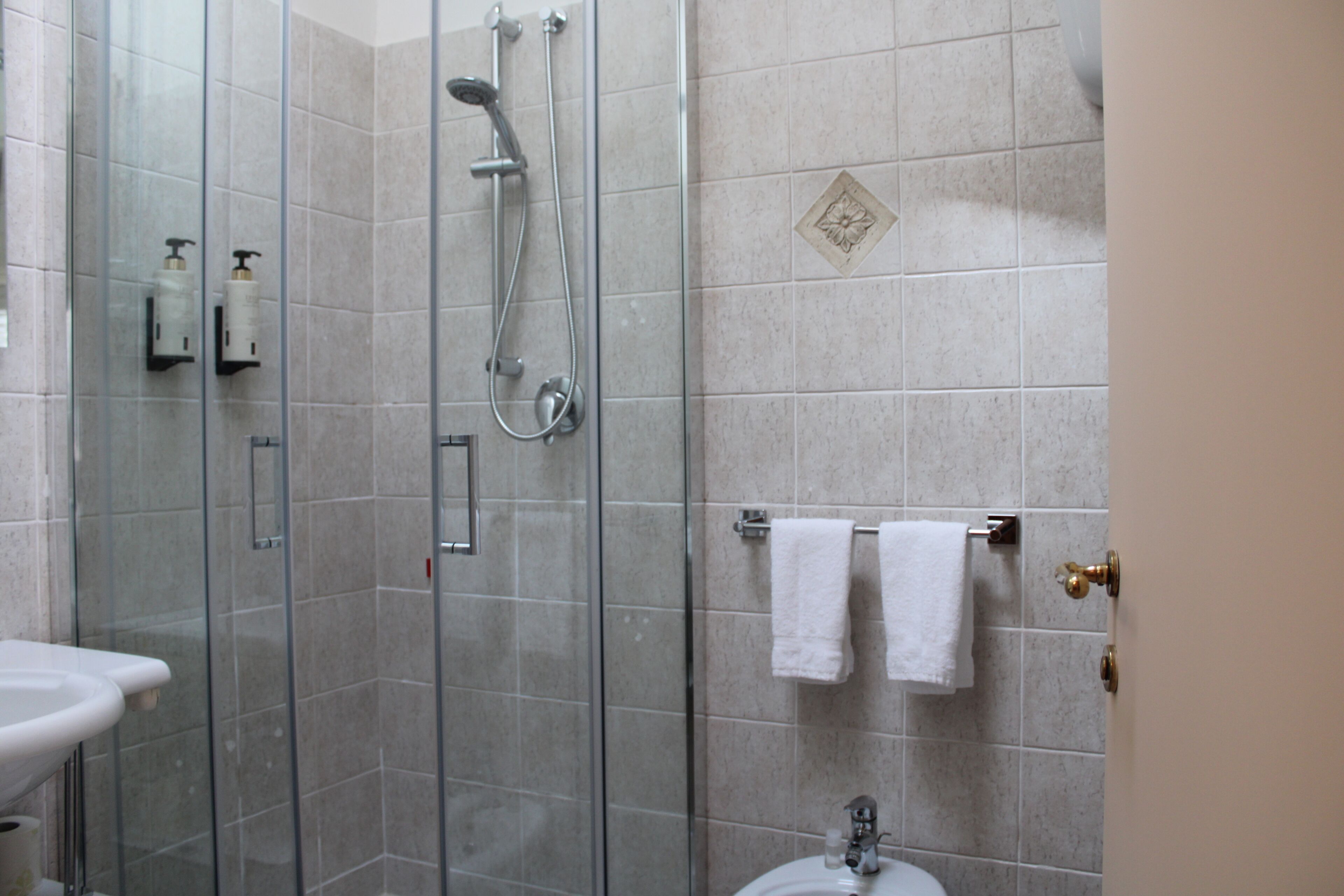 A bathroom with a glass shower enclosure, a sink, and two white towels on a towel rack.