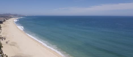 Une plage offrant une vue dégagée sur l’océan et bordée d’un rivage sablonneux.
