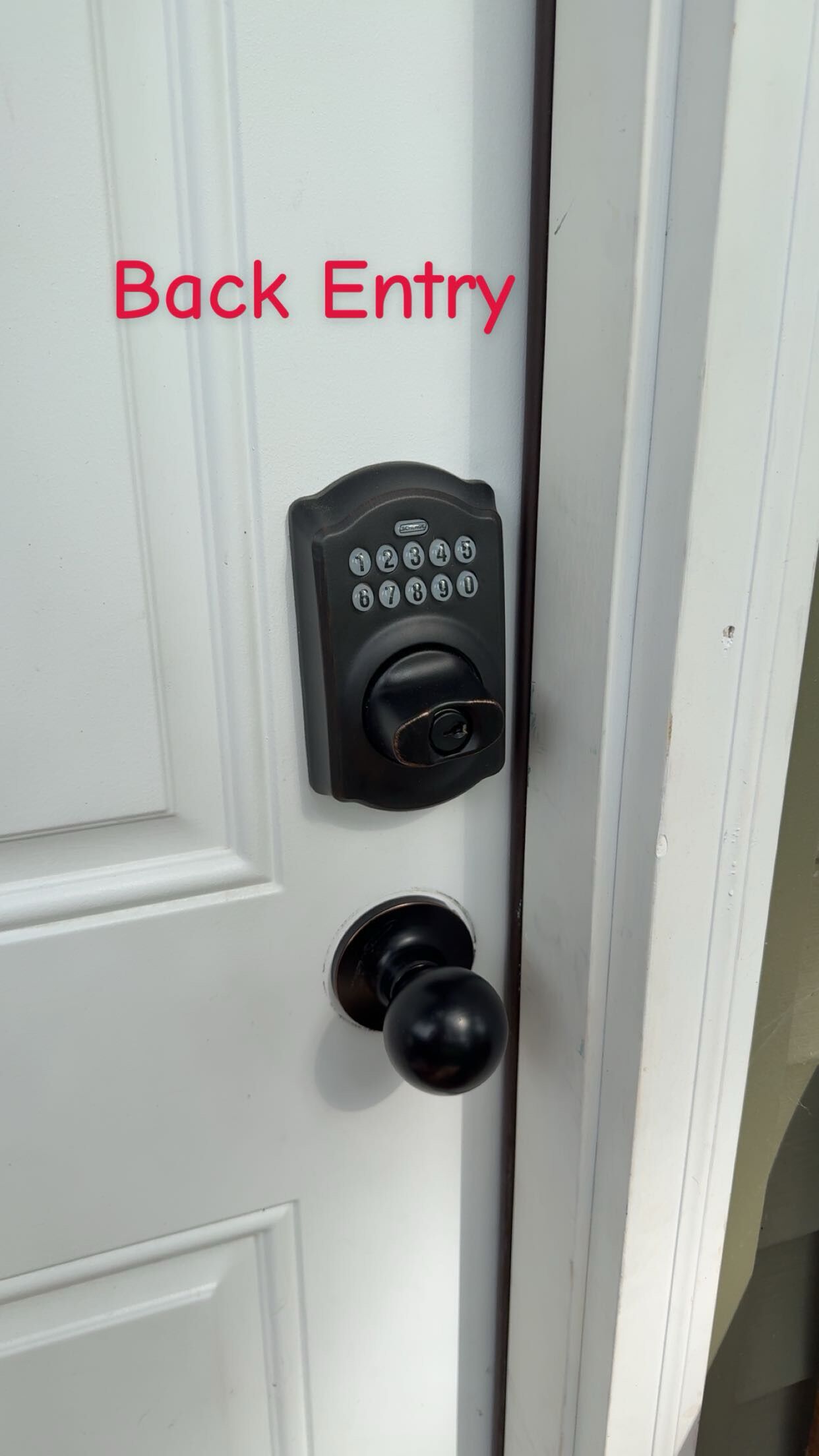 A door with a keypad lock and a round doorknob, labeled "Back Entry".