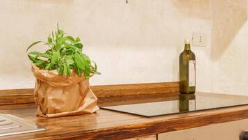 Réfrigérateur, un four, surface de cuisson, vaisselle et ustensiles