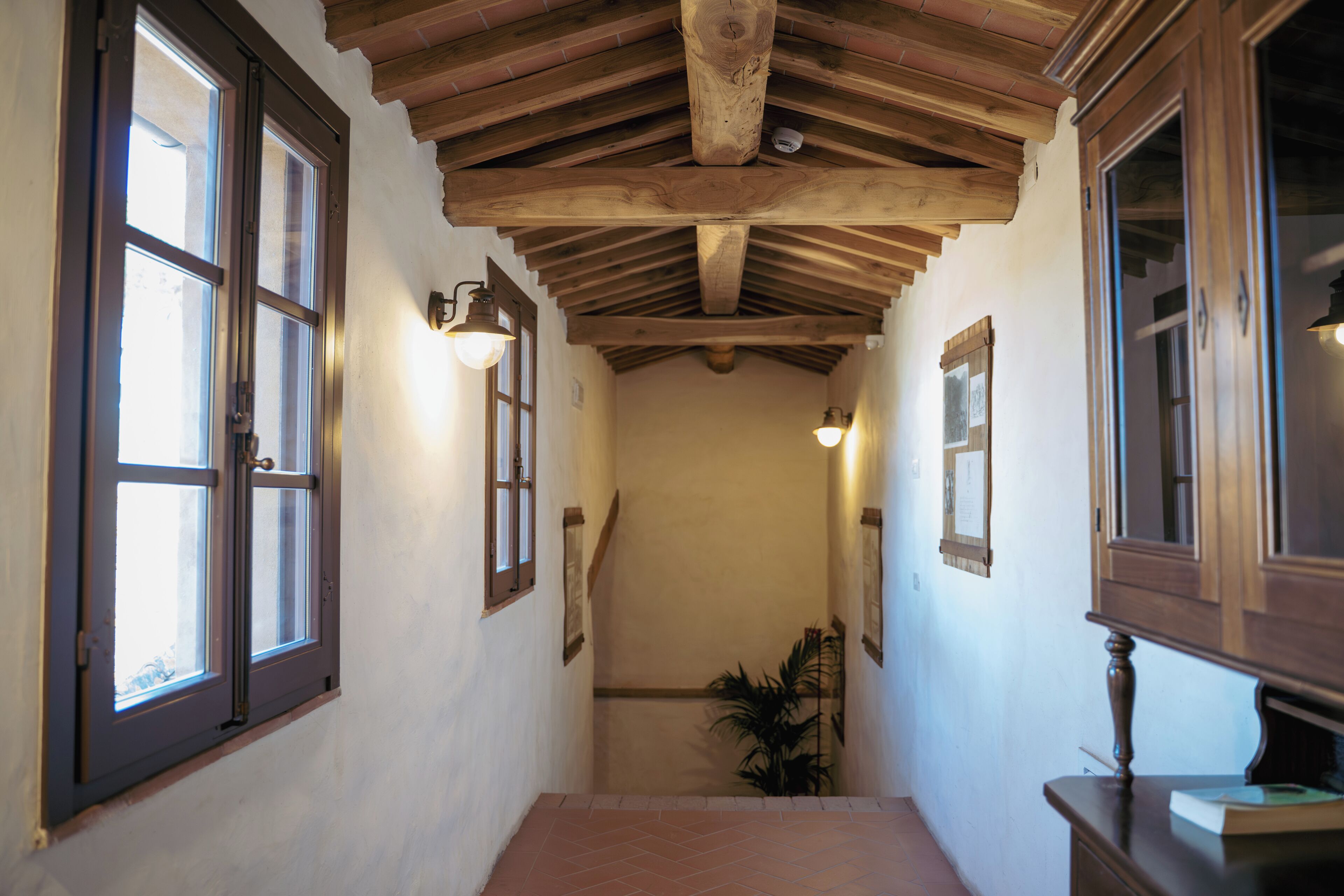 A hallway with wooden beams, a potted plant, and a door with a window.
