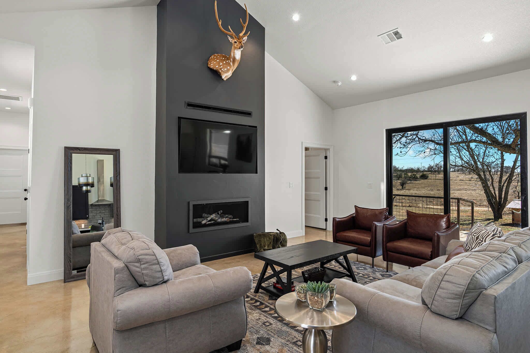 Televisión, chimenea y oficina 