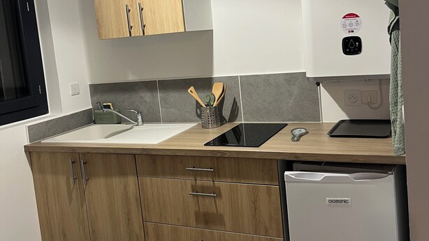 Eine moderne Küche mit Holzschränken, einem Backofen, einem Kühlschrank und einer Spüle.