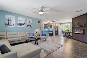 Smart TV, fireplace, books