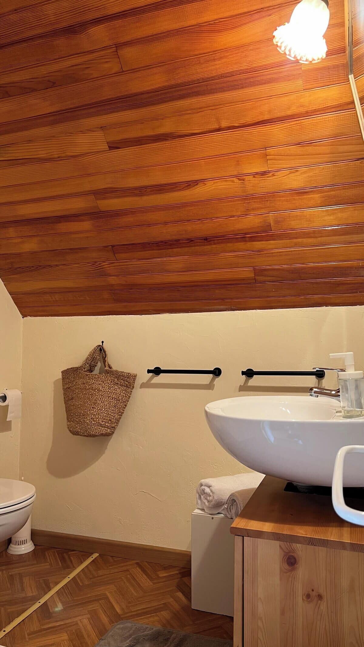 A bathroom with a wooden ceiling, a white sink, a toilet, and a hanging basket.