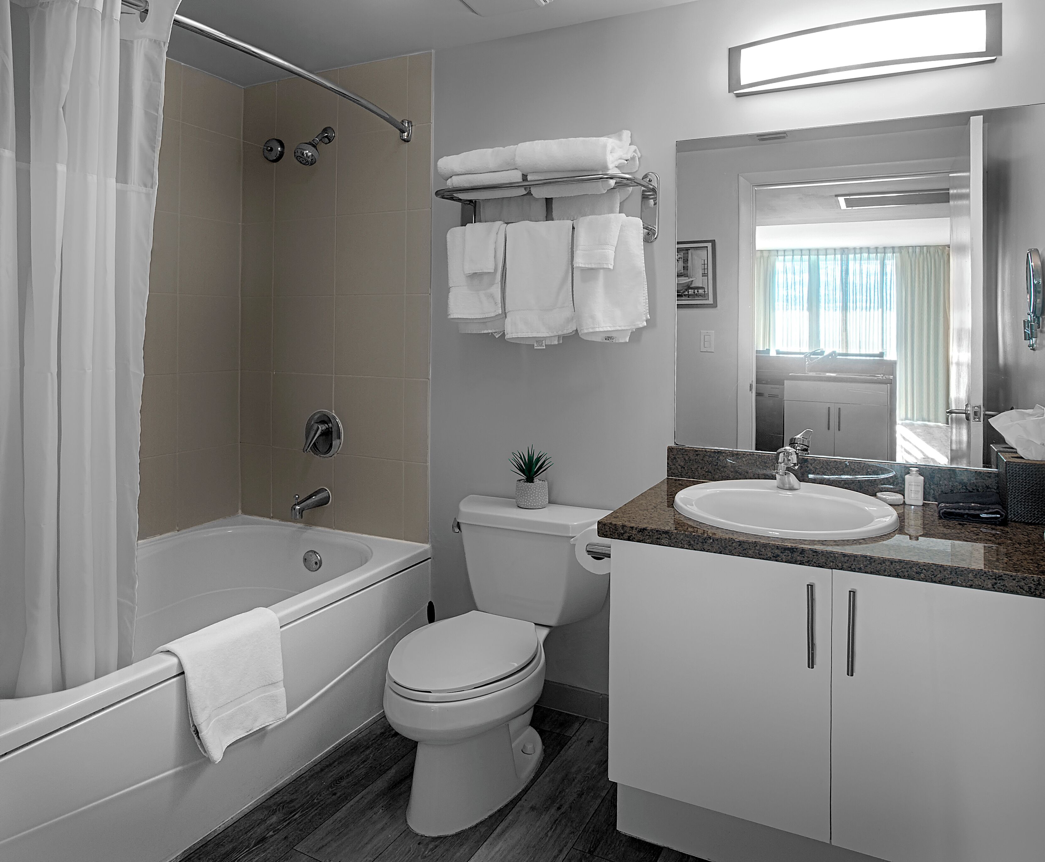 Een moderne badkamer met een badkuip, toilet en wastafel. Er liggen handdoeken aan de muur en staat een kleine plant op de wastafel.