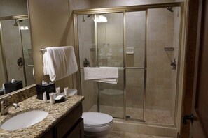 Hair dryer, towels, soap, toilet paper