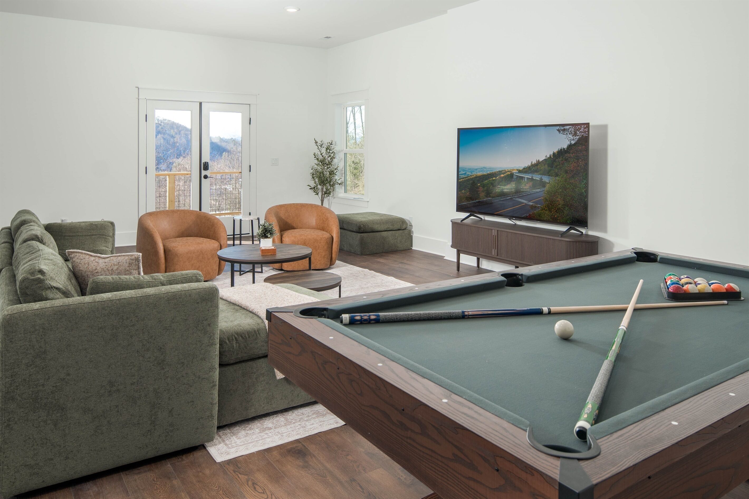 Smart TV, fireplace, books