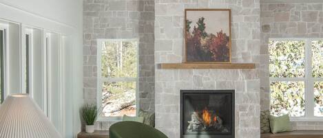 Smart TV, chimenea y libros