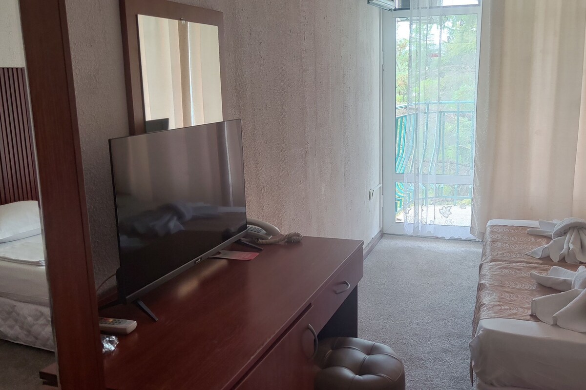 Una habitación de hotel con cama, televisor, escritorio de madera y balcón con cortinas.