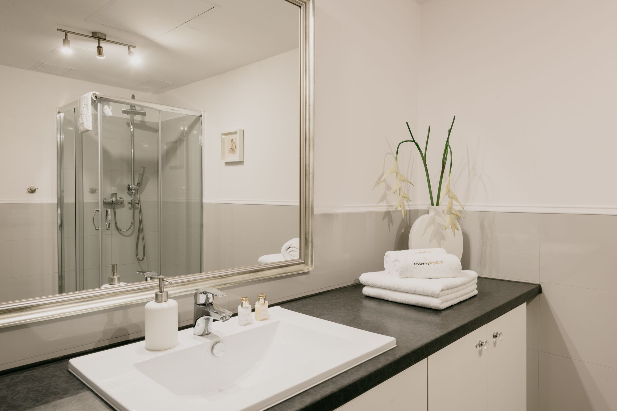 Une salle de bain moderne avec une douche à parois de verre, un lavabo blanc agrémenté d’articles de toilette et un grand miroir.