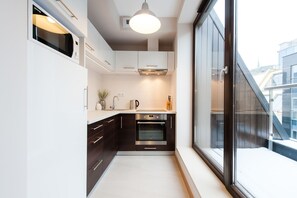 A modern kitchen with white cabinets, a built-in oven, and a window overlooking a snowy cityscape. - Exclusive Apartments (Wroclaw)