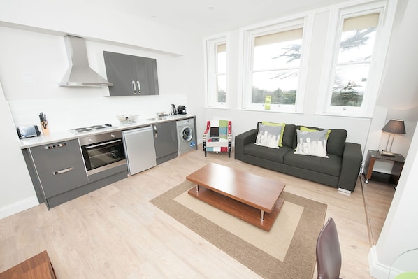 A modern apartment with a kitchen, dining area, and living room. It includes a built-in oven, a washing machine, and a sofa with cushions. - Coldeast Mansion (Southampton)