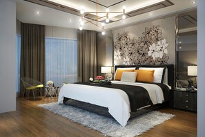 Une chambre d’hôtel moderne avec un grand lit, deux tables de chevet, un mur décoratif et un lustre.
